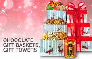 Christmas Chocolates Gift Baskets and Gift Towers, Godiva, Swiss, Guylian, Ferrero Rocher, Toblerone, Frazer Liquor Chocolates and More!